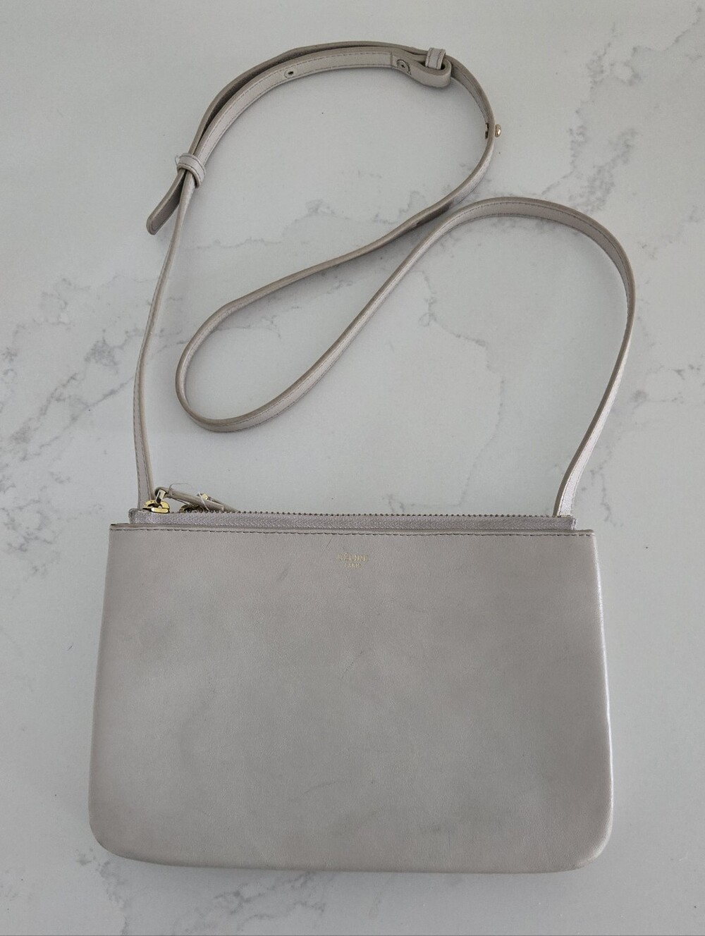 Celine Trio Beige Leather Crossbody Shoulder Bag Khaki Tan Gold Hardware